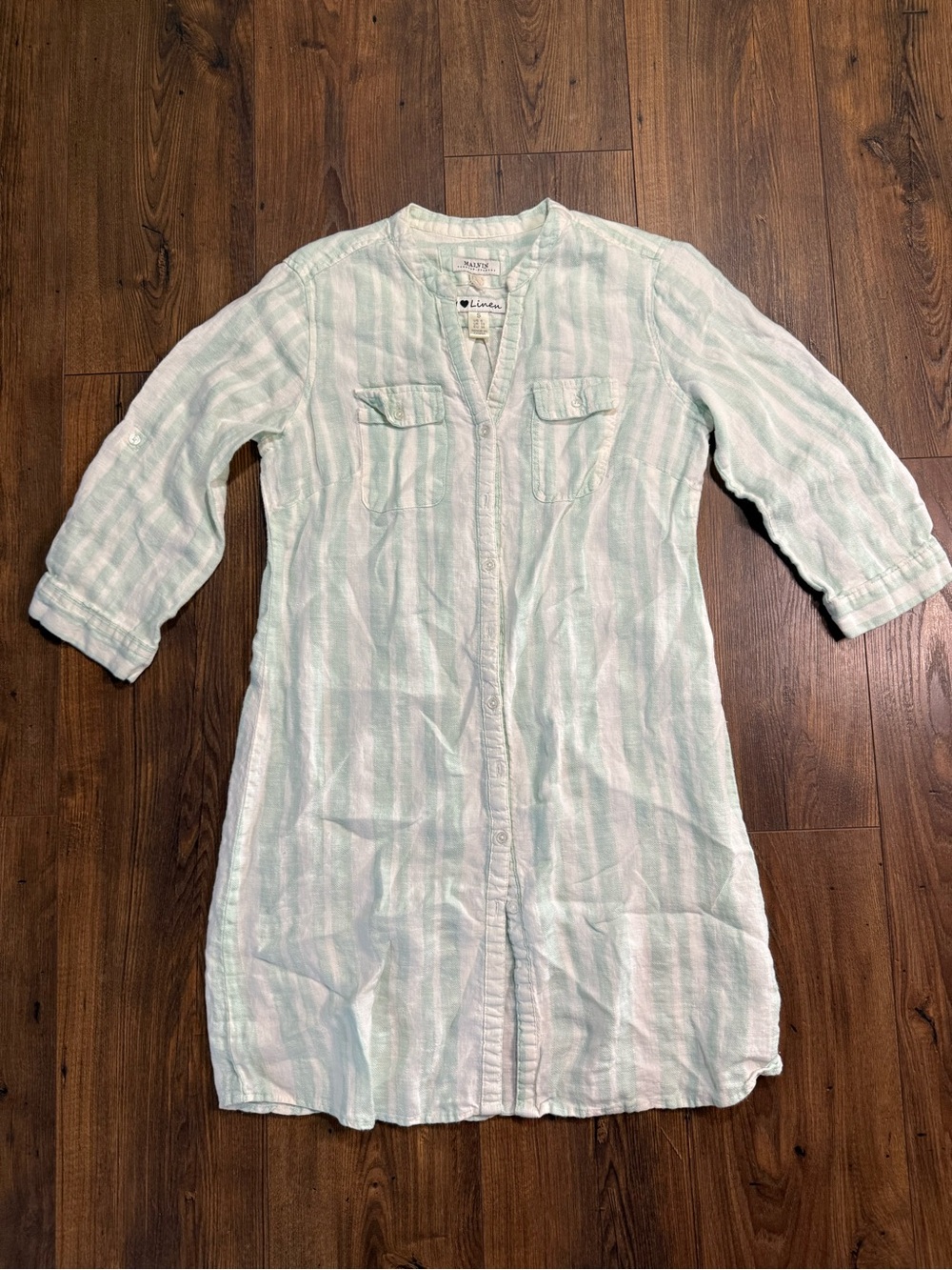 Malvin Hamburg Germany 100% Linen Shirt Dress Mint Green White Striped Size S